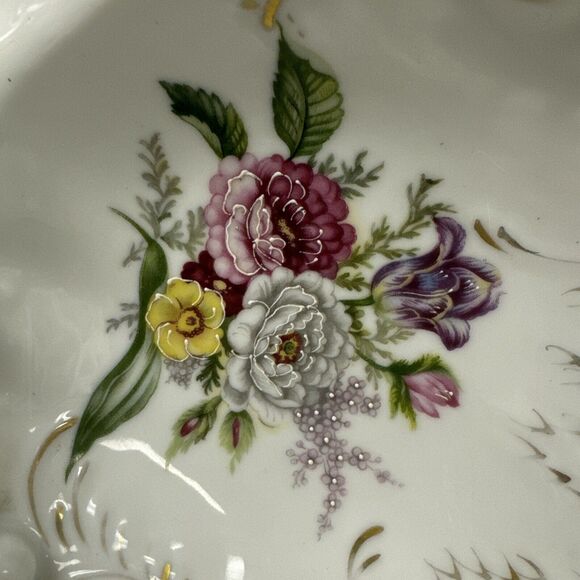 Beckwith Porcelain Leaf Shaped 11” Candy Dish Purple Mauve Floral Gold Trim - Picture 4 of 9